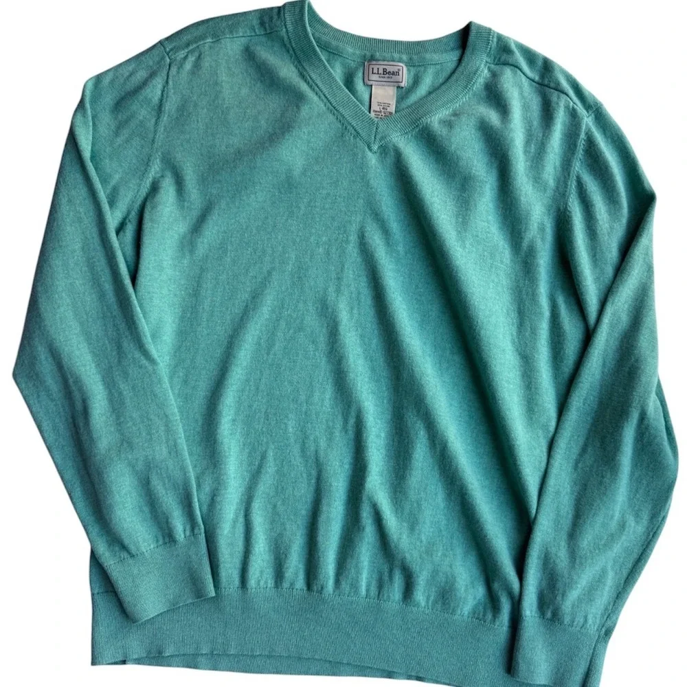 LL Bean Mens V-Neck Sweater Seafoam Green Cotton Nylon Blend Pullover 527301 L-R